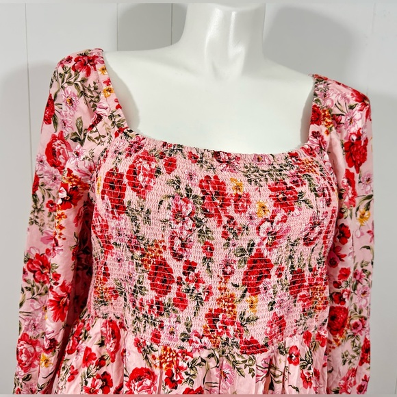 Old Navy 2X Floral Smocked Mini Dress Pink Red Boho Cottagecore Long Sleeve - Picture 2 of 12